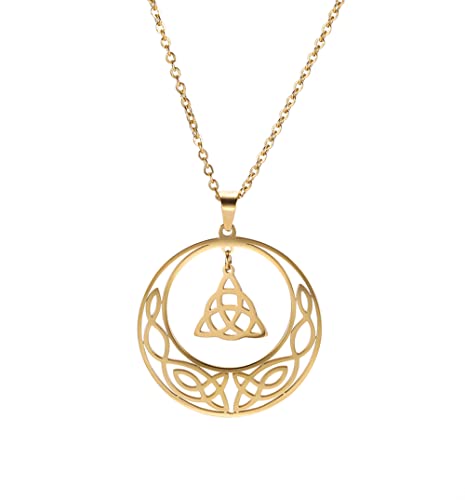 UNIFT Celtic Trinity Triquetra Knot Necklace For Women Men Stainless Steel Irish Hollow Out Round Celtic Knot Double Layer Necklace Lucky Jewelry Christmas Gifts (gold 1)