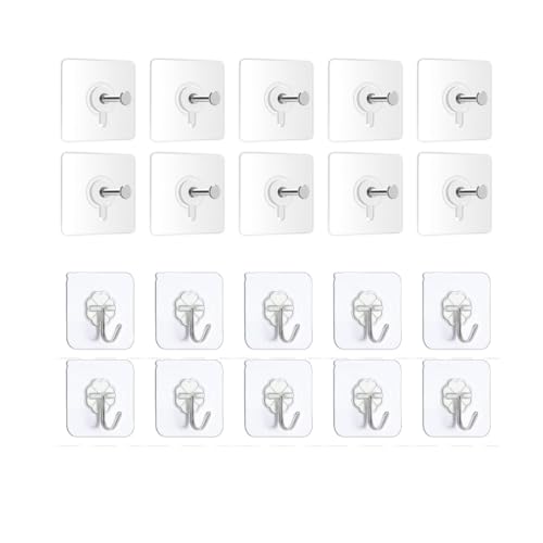Image of KASHIVAL Self Adhesive Wall Hooks Pack of 20 (10 Flat + 10 Hanging) | Transparent PVC & Stainless Steel Hooks | Waterproof No Drill Wall Hooks for Bathroom, Kitchen, Home & Office