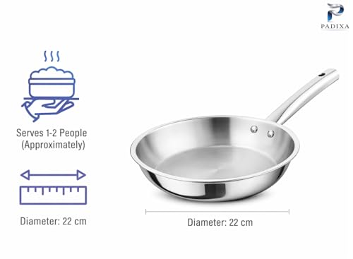 Image of Tri-Ply Stainless Steel Frying Pan with Lid 24cm | Triply Construction with Aluminium Core, Heavy Duty Skillet with Glass Lid, Riveted Handle, Induction Compatible (1.7 LTR)
