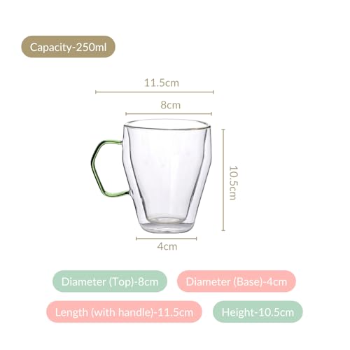 Image of Nestasia Double Wall Borosilicate Glass Mugs Set of 2 (250ml Each) - Microwave & Dishwasher Safe Transparent Glass Tea Cups with Green Handles | Food Safe & Durable Coffee Mugs - Ideal for Gifting