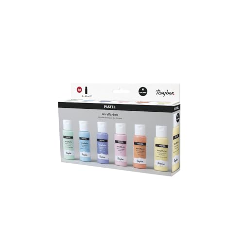 Rayher Acrylfarben-Set Pastell, 6 Farben à 60 ml (lichtgelb, aprikot, rosé, flieder, zartblau, zartgrün), für Einsteiger und Profikünstler, für viele Untergründe geeignet, wasserbasierend, 35061000