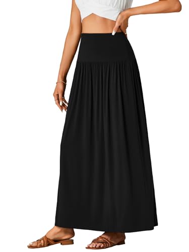 Vrtige Women's Casual Elastic High Waist Flowy A-line Pleated Long Maxi Skirt with Pockets3