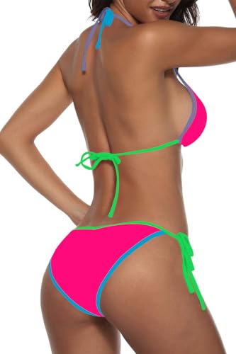 Image of Suvimuga Women Two Piece Swimsuit Color Block Swimwear Halter String Triangle Bikini Sets
