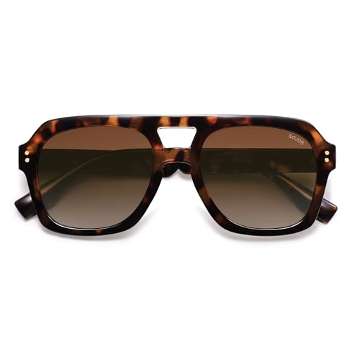 SOJOS Retro Thick Polarized Aviator Sunglasses for Women Men, Large Trendy Bold Square Pilot Shades SJ2385, Brown Tortoise/Brown