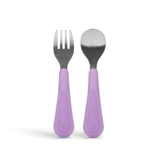 Ubbi Toddler Utensils Set, 2 Pack – Stainless Steel Fork & Spoon with Easy-Grip Silicone Handles, Kids Silverware for Self-Feeding & Baby-Led...