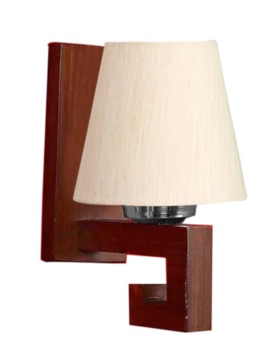 Image of Wall Lamp with Wood Base (H- 10.9 Inch, Off-white) Modern Wall Sconce for Bedroom /Living Room, Study Room, Home Office Decor | Decorative Indoor Lighting, Warm Ambient Night Lamp, Barrel Shape