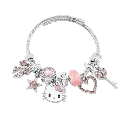Hello Sparkling Inspired Bracelet, Kawaii Cartoon Adjustable Stainless Steel Bangle Braclet, Pink Sparkly Jewelry Cuff Cute Kitty Cat Accessories Charm Bracelets, for Women and Teen