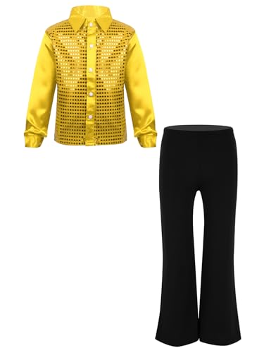 easyforever Kids Boys Sparkle Long Sleeve Button-Down Shirt Hip Hop Latin Jazz Dance Tops and Pants Performance Costume Gold 6 Years