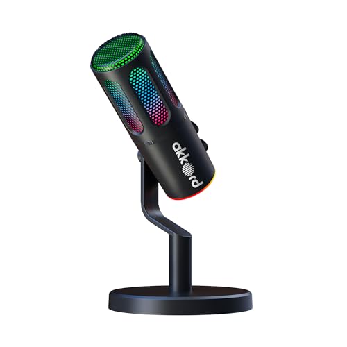 Akkord USB Condenser Microphone with RGB Lights, Real-Time Monitoring, Noise Cancellation, Plug & Play USB-C Mic for PC, Mac, Android, iPad – Ideal for Podcasting, Gaming & Streaming