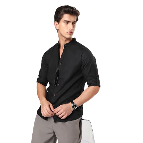 Image of Urbano Fashion Men's Linen Blend Full Sleeve Relaxed Fit Mandarin Collar Casual Solid Shirt