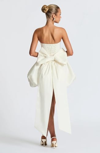 Satin Short Wedding Dress for Bride A-Line Strapless mini Bridal Gown with Bow3