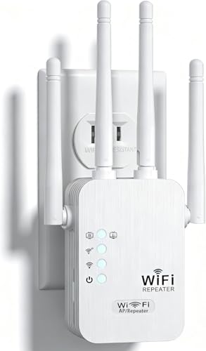 Répéteur WiFi 1200Mbps, Puissant WiFi Booster Double Bande 5GHz & 2.4GHz Amplificateur WiFi Puissant avec Gigabit Ethernet Port, 4 Antennes WiFi Extender Compatible avec Toutes Les Box Internet