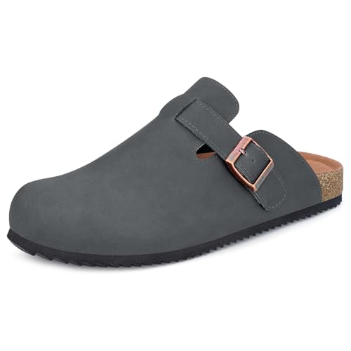 Image of Womens Cork Footbed Clogs Mens PU Leather Mules with Arch Support Adjustable Buckle Comfort Slip On Potato Shoes Unisex Non-Slip Flat Sandals Indoor Outdoor