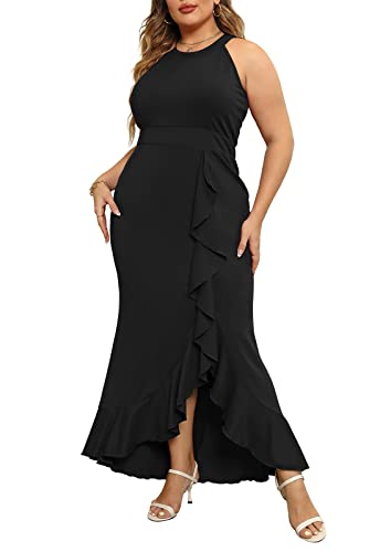 Keluummi Plus Size Formal Wedding Guest Long Dresses for Curvy Women, Halter Neck Empire Waist Mermaid Maxi Cocktail Gown