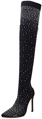 azmodo Womens Fine Stretch Mesh Socks Fit Diamante Sparkly Glamor Sexy Pointed Toe Thigh High Heeled Boots with Bling Rhinestones in Black (Black, 6.5)