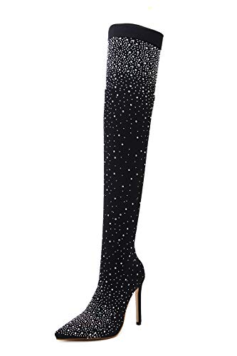 Womens Fine Stretch Mesh Socks Fit Sparkly Glamor Sexy Thigh High Heeled Boots with Rhinestones