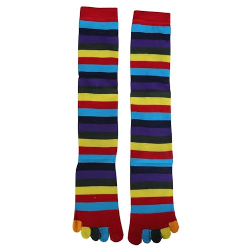 Image of Women Split Toe 5 Finger Calf Socks Rainbow Colorful Stripe Print Hosiery