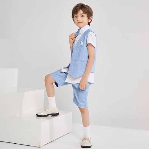Image of Summer Boys Suit Dress Clothes Kids Wedding Ring Bearer Outfit 4Pcs Shirt Vest Shorts Set