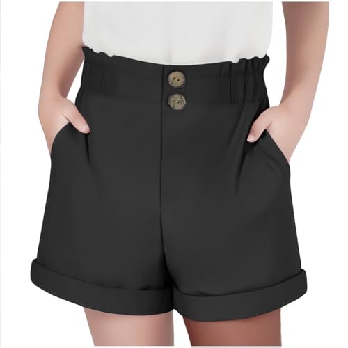Girls Summer Cute Shorts Kids High Waisted Paper Bag Shorts Casual Wide Leg Roll-Up Bermuda Short Vacation Clothes