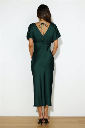 Image of Summer Satin V Neck Puffy Sleeves Empire Waist Midi Dresser Silk Sexy Tie Back Formal Cocktail Dresser for Women Wedding