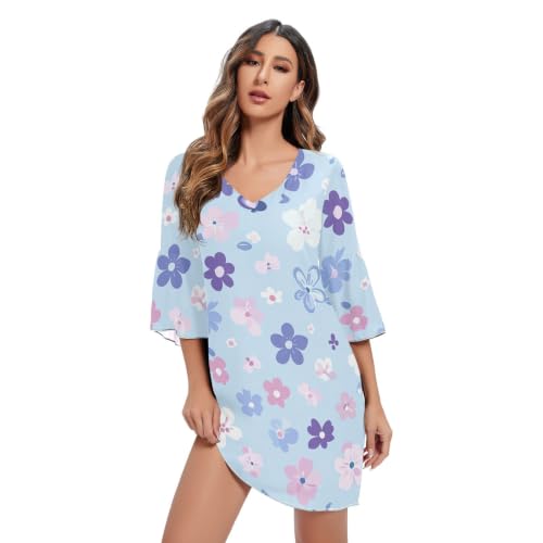 Robe d'été mousseline pastel bleu violet à fleurs col en V