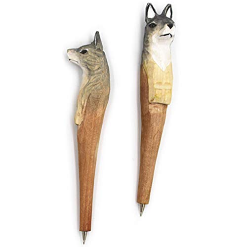 Guochenxi168 Gel Pens Black Ink Fine Point Smooth Writing Pens, Hand Carved wolf Shape Wooden Pen Cute