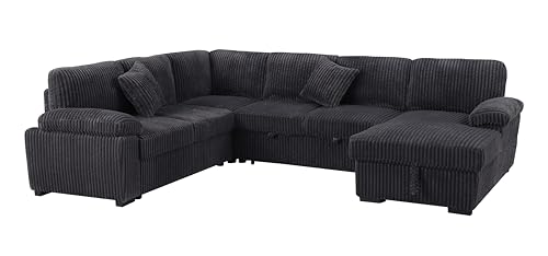 Image of ERYE Oversized U-Shaped Pull Out Sleeper Couch Bed, Modern U Shaped Sleeper Sectional Sofa Corduroy Corner Convertible Sofa Bed with Storage Chaise Lounge for Living Room