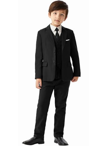 MAGE MALE Boys'5-Piece Suits Multiple Colour Tuxedo Formal Slim Fit Boys Suit Set with Suspenders and Adjustable Waist Black