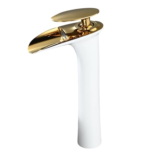 Mitigeur Salle de Bain Cascade: Robinet de Lavabo Blanc et Or - Robinet Haut pour Vasque - Robinettrie en Laiton SHUNLI