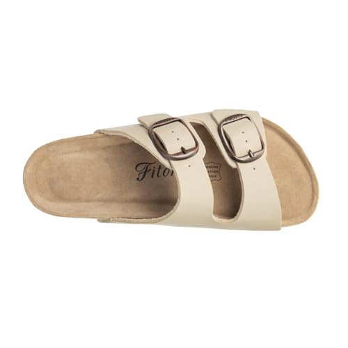 Image of FITORY Womens Flat Sandals with Cork Footbed, Open Toe Arch Support Slides Adjustable Slip On Slippers for Summer 2026 Size 6-11
