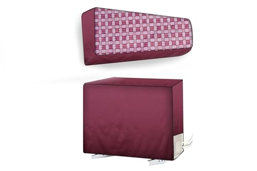 Image of The Furnishing Tree Split AC cover for indoor and outdoor unit of 1 ton waterproof and dustproof Maroon different check pattern