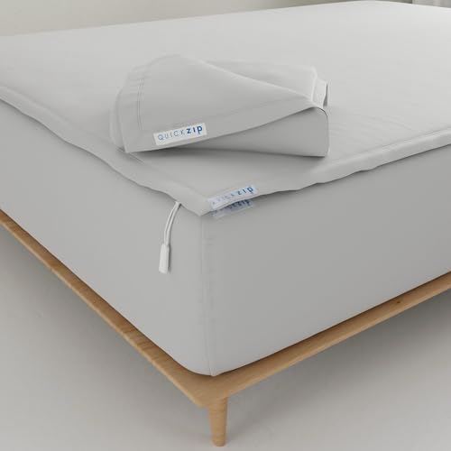 Image of QuickZip Fitted Plus Spare Bundle: 1 Fitted Sheet (Base + Zip Sheet) & 1 Zip Sheet - Easy to Change, Won't Pop Off - Soft Percale 400 TC 100% Cotton - 15 inch Deep Pockets RV King Size - Misty Gray