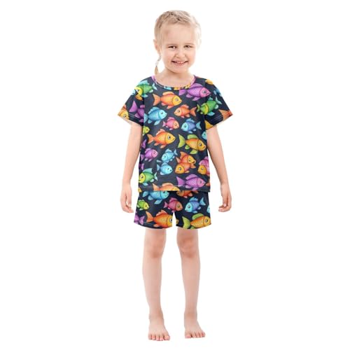 Pajama Short Sets Colorful Fish on Black Soft Cotton Summer Sleepwear 2 Piece PJS Size 5-14T4