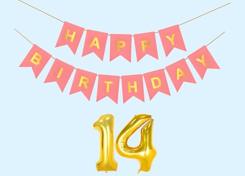 Image of 14th Happy Birthday Decoration Kit Light Pink for 14 year Old Boys Girls Teenage with Number Fourteen Party Decorations Decor Celebration Items Item Set Combo Reusable Paper Banner