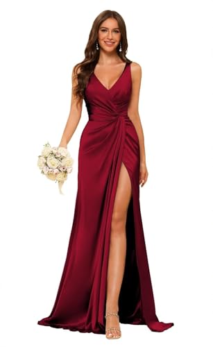 Women's V Neck Bridesmaid Dresses Sleeveless Satin Pleated Formal Dress with Slit 2025 LN11