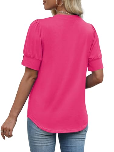 Image of OFEEFAN Womens Tops Short Sleeve Shirts Buttons V Neck Spring Fashion Summer Outfits Plus Size Blouses Dressy Casual