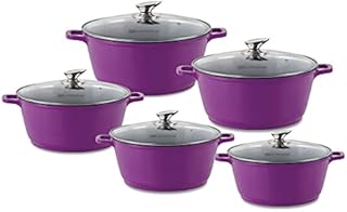 SQ Professional NEA Die-Cast Aluminium Stockpot 5pc Set with Lid 3-Layer Non-Stick Coating (Purple)