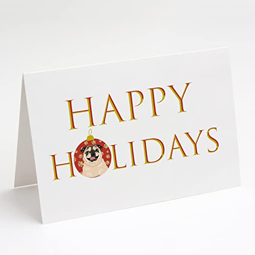 Caroline's Treasures CK9319GCA7P Pug Fawn #5 Happy Holidays Greeting Cards and Envelopes Pack of 8 Blank Cards with Envelopes Whimsical A7 Size 5x7 Blank Note Cards