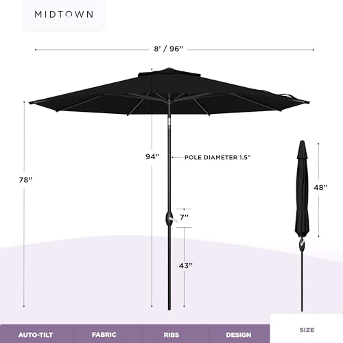 Image of Midtown Umbrellas - 10-Year-No-Fade 8 Ft Patio Umbrella with Terylast Fabric, Auto-Tilt Aluminum Frame and 8 Reinforced Ribs for Deck, Pool, Garden & Beach - Ebony Black Canopy, Black Pole