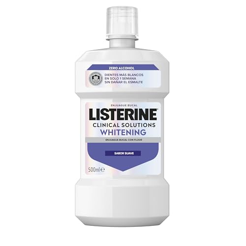 Listerine Advanced White Sabor Suave (1 x 500 ml), enjuague bucal 0% alcohol, enjuague bucal sin alcohol sabor menta, colutorio blanqueador dental para una limpieza óptima
