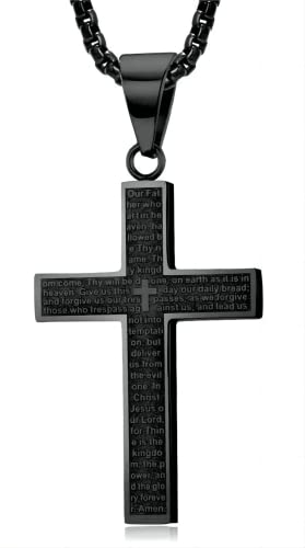 HUARJO Cross Necklace for Men, Gold Steel Black Stainless Steel Lord's Prayer Pendant Necklace for Men Women,Box Chain(20-24 Inches) (20 inch, black-style1)
