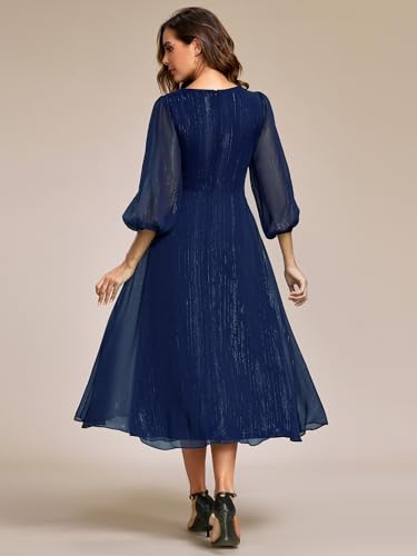 Ever-Pretty Women's Elegant A Line Ruched V Neck Long Sleeves Tea-Length Wedding Guest Dresses 019772