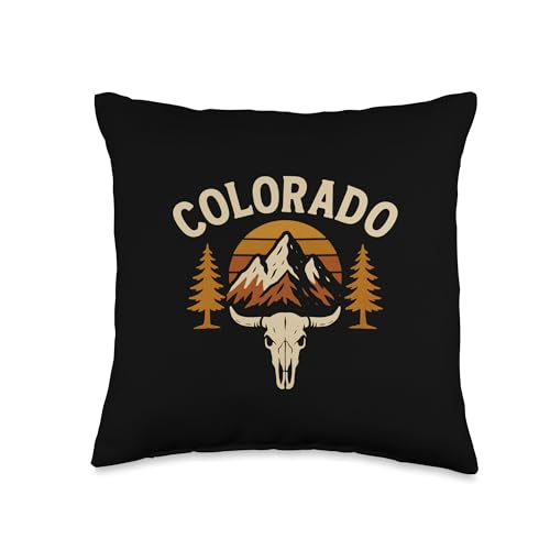 Colorado Buffalo Skull Retro Sunset Western Mountains Throw Pillow