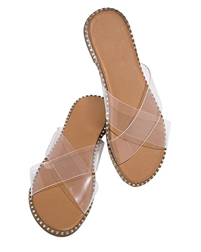 JeimPoey Womens Open Toe Slides Flat Sandals Studded Slip-on Crossed Strap Summer Slipper