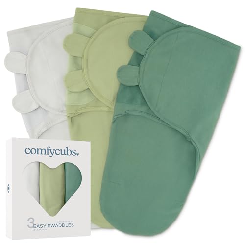Comfy Cubs Easy Swaddle Blanket, 3 Pack - 100% Cotton Newborn Wrap, Large for 3-6 Months Infants, Breathable and Durable Sleep Sack for Babies - Stone, Sage, Azul