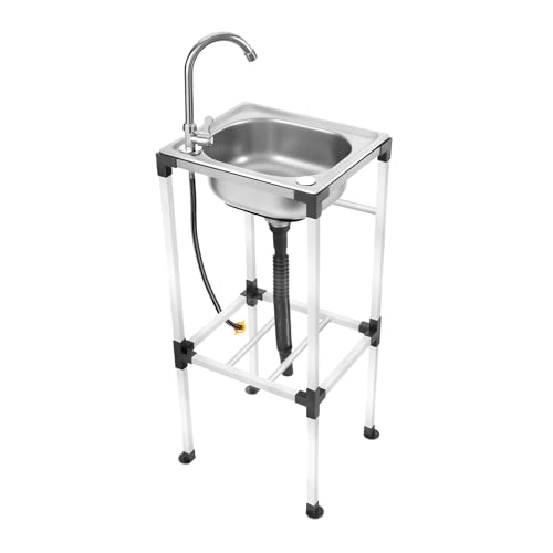 Fregadero independiente de acero inoxidable, fregadero de cocina, lavabo, lavabo con grifo, fregadero móvil de acero inoxidable con dispositivo de drenaje para cocina, restaurante, garaje, 42 x 37 x