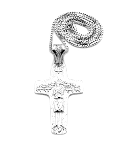 Fashion 21 Catholic Pope Francis Cross Pendant 24" Box, Cuban, Rope Chain Necklace (Silver/Box Chain)