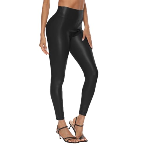 Zhiaek Leggings Simili Cuir Femme Taille Haute Haute élasticité Sexy Pantalon Collants en Cuir Noir