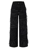 EXARUS Girls Jeans Baggy Frayed Teen Denim Pants Wide Leg Distressed Elastic Band Mid Rise with Pokets Kids Y2K Casual Black 12Y