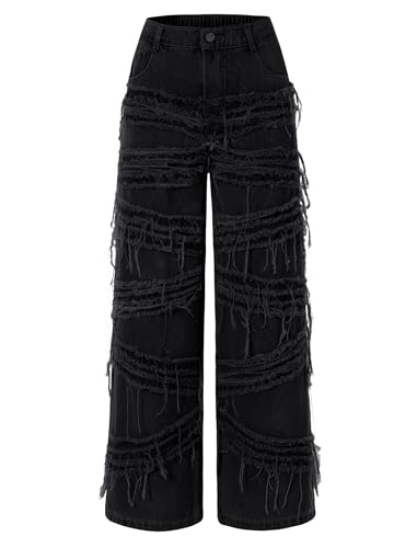 EXARUS Girls Jeans Baggy Frayed Teen Denim Pants Wide Leg Distressed Elastic Band Mid Rise with Pokets Kids Y2K Casual Black 12Y